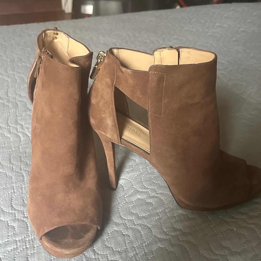 Brown Suede Peep-Toe Ankle Boots